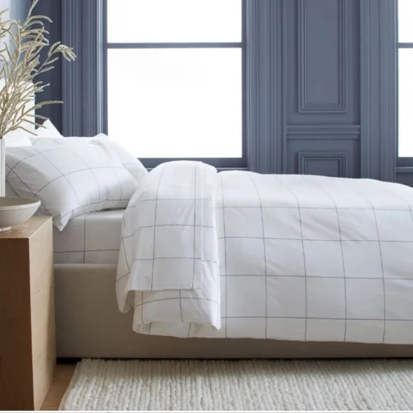 Classic Organic Cotton Percale Duvet Cover + 2 Shams TWIN Bedding Set Windowpane - Picture 4 of 10